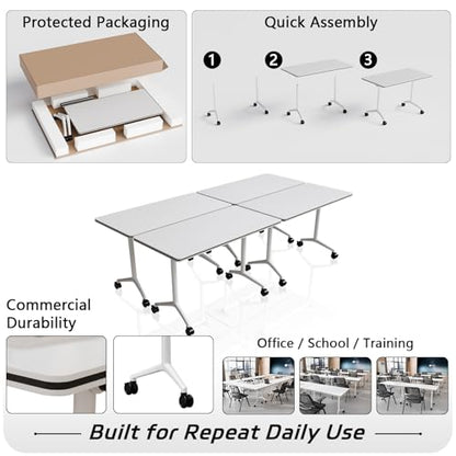 Folding Conference Table with Wheels Set of 6, Modular Conference Room Table for 6-12 Person Meetings, Flip Top Rolling Training & Classroom Tables, Nesting Office Tables - color: White, size: 55.1 in
