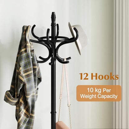 Giantex Solid Wood Coat Rack, Freestanding Hall Tree w/12 Hooks, Umbrella Holder, Entryway Hanger Stand for Coat, Hats, Scarves, Bags, Wooden Garment Rack for Bedroom, Hallway (Black) - color: Black
