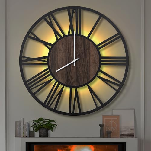 LEIKE Large LED Wall Clocks,Silent,Non Ticking,Battery Operated Rustic Round Modern Big Wood Wall Clock for Living Room, Bedroom,Kitchen,Farmhouse,Office,Home Decor -32" Black,LED,Roman Number - color: Led-black Wood-roman Number, size: 32 IN