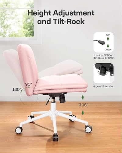 Marsail Armless-Office Desk Chair with Wheels: PU Leather Cross Legged Wide Chair,Comfortable Adjustable Swivel Computer Task Chairs for Home,Office,Make Up,Small Space,Bed Room, Pink - color: Pink