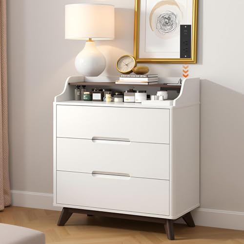 35" Large Night Stand with Charging Station, 3 Drawer Spacious Drawers | Top Open Shelves, Pre-Installed Slide, Wood Bedside Table, Modern End Table, Nightstand for Bedroom Sofa Couch,White - color: White, size: Large (3 drawer)