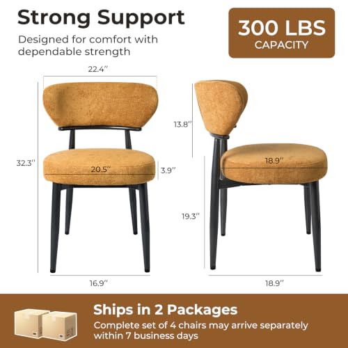 Dining Chairs Set of 4, Modern Upholstered Fabric Dining Chairs | Thick Cushioned Seat & Curved Back, Polyester Fabric, Sturdy Black Metal Legs for Kitchen & Living Room, Brownish yellow - color: Brownish Yellow, size: Set of 4