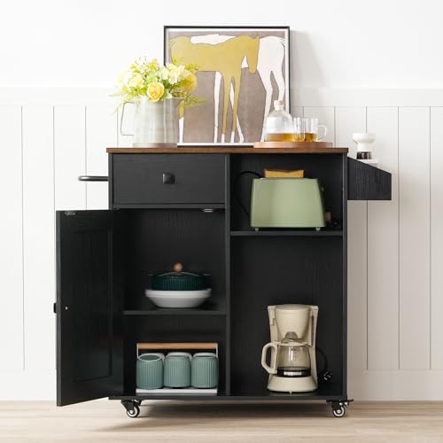 HOOBRO Kitchen Island, Storage Cabinet with Drawer, Kitchen Cart with Spice and Towel Rack, Saving Space, Easy Assembly, for Living Room, Rustic Brown and Black FB12ZD01 - color: Rustic Brown + Black