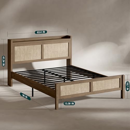 Evermagin Rattan Bed Frame Queen Size with Woven Headboard, Caramel Oak | Boho Queen Platform Bed with Charging Station, Noise Free Wicker and Wood Queen BedFrame for Bedroom, No Box Spring Needed - color: Caramel Oak