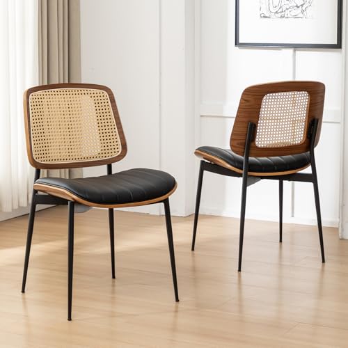 Rattan Dining Room Chairs Set of 2, Mid Century Modern Kitchen Ktichen Chairs,Faux Leather Walnut Wood Finish Side Chair, Metal Legs Desk Chair with Rattan Backrest,Black - color: Black, size: Set of 2