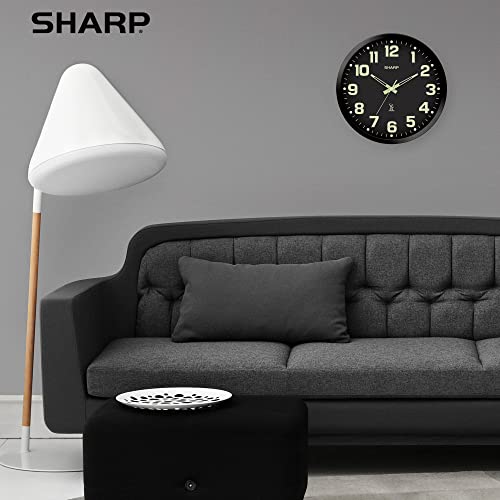 Sharp 12-Inch Atomic Wall Clock, Battery Operated, Glow in Dark | Self-setting atomic time; Easy-read analog face; Automatic time adjustment; Simple setup; Versatile home or office style - color: Black/Glow in Dark, size: Large