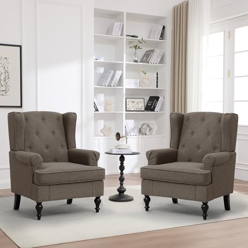 Accent Chair Set of 2, Mid Century Modern Fabric Wingback Chair, Upholstered Armchair with High Back and Vintage Legs, Comfy Single Sofa Side Reading Chair for Living Room Bedroom, Brown - color: Brown, size: Set of 2