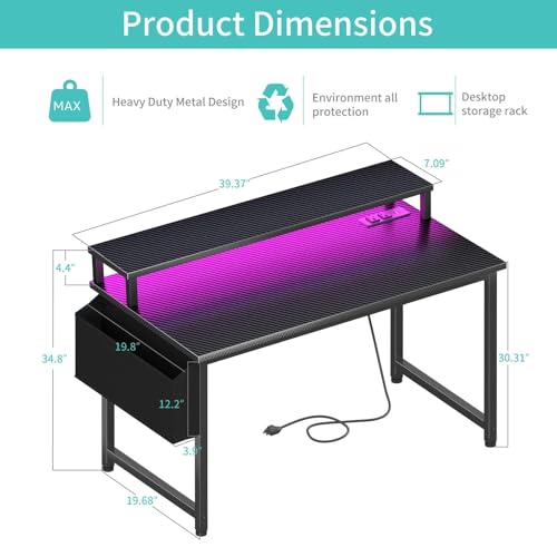 Lufeiya Gaming Desk with Power Outlets and LED Lights, 40 Inch Gamer Desk Table with Charging Station, Home Office Computer Desks with Monitor, Black - color: Carbon Fiber Black, size: 39.4"