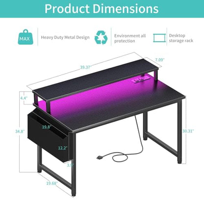 Lufeiya Gaming Desk with Power Outlets and LED Lights, 40 Inch Gamer Desk Table with Charging Station, Home Office Computer Desks with Monitor, Black - color: Carbon Fiber Black, size: 39.4"