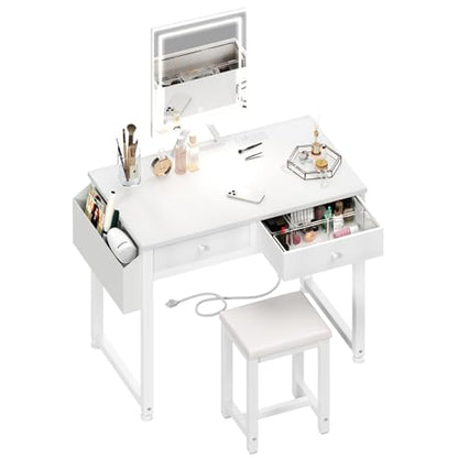 Lufeiya Small Makeup Vanity Desk with Fabric Drawers, 32 inch White Vanity Desks with Mirror and Light, Dressing Table and Chair Set with Power Outlet for Girls Bedroom, White - style: White