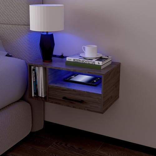 Floating Nightstand with Lights, Grayish Brown | Floating Bedside Table with Drawers Wall Mounted Nightstands,for Bedroom Room, 21.3" x 11.8" x 10" - color: Grayish Brown