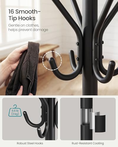 SONGMICS Coat Rack Freestanding with 16 Hooks, Metal Coat Tree Stand with 4 Adjustable Feet, Clothes Hanger Stand for Entryway Bedroom Living Room Hallway Office, Ink Black URCR083BH01S - color: Black, style: 16 hooks
