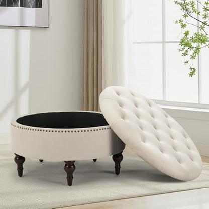 31.5" Round Storage Ottoman, Tufted Linen Coffee Table, Beige | Large Ottoman with Solid Wooden Legs and Nailheads, Side Table for Living Room Bedroom Office - color: Beige