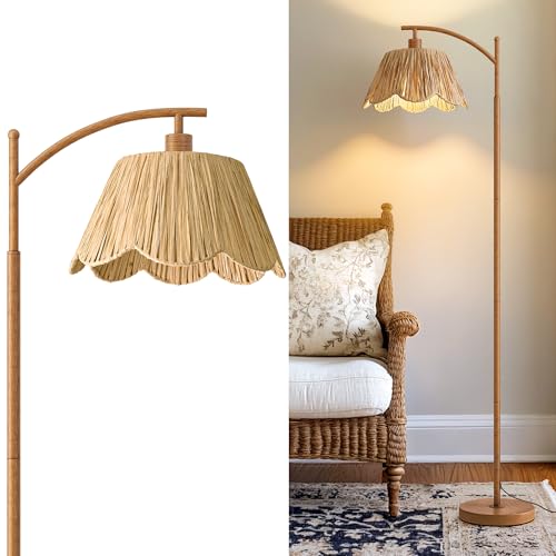 Rattan Floor Lamp for Bedroom, Boho Floor Lamp with Foot Switch, Farmhouse Standing Lamps for Living Room with Hand-Woven Shade, Walnut Metal Base & Pole - color: Walnut