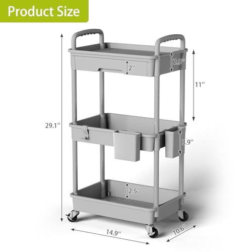 Sorgion 3 Tier Rolling Cart Organizer,Laundry Room Bathroom Organizers and Storage Office Shelves Mobile Shelving Unit Kitchen Trolley Cart with Wheels for Art,Craft,Diaper,Bedside,Snack(Grey) - size: 3Tier-Grey
