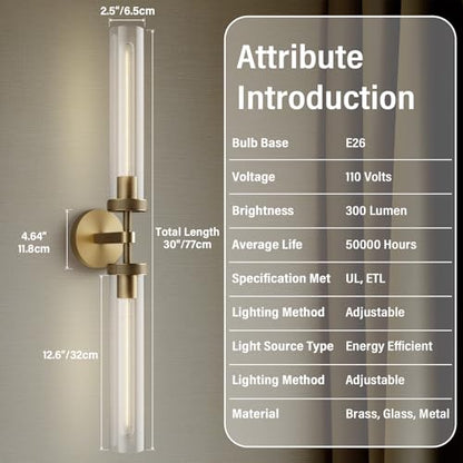 Brass Wall Sconces, 30in Gold 2-Light Double Glass Sconces Wall Lighting, Bathroom Knurled Vanity Light Sconces, Wall Lights for Living Room Bedroom（Including Bulb） - color: Brass- 30 inch-2 Pack, size: 2 Pack