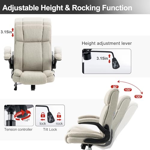Fabric Office Chair High Back Executive Ergonomic Chair Flip Arms | Premium cloth fabric office chair with high back ergonomic support, flip-up arms, adjustable height, 90°-120° tilt function - color: Beige