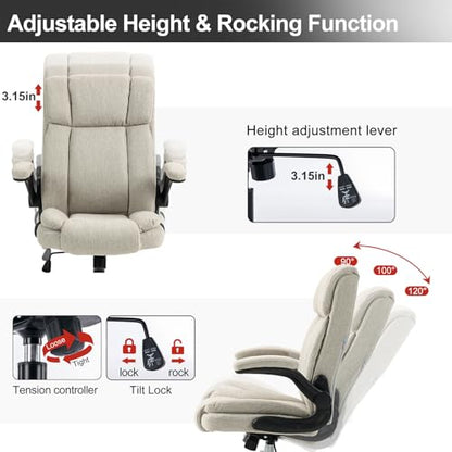 Fabric Office Chair High Back Executive Ergonomic Chair Flip Arms | Premium cloth fabric office chair with high back ergonomic support, flip-up arms, adjustable height, 90°-120° tilt function - color: Beige