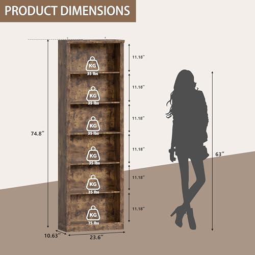 Thacuok 75" Tall Bookshelf & Bookcase, 6-Tier Adjustable Storage Shelves, Book Shelf with Anti-Tipping Device, Floor Standing Modern Display Rack for Living Room, Bedroom, Office, Brown - color: Brown