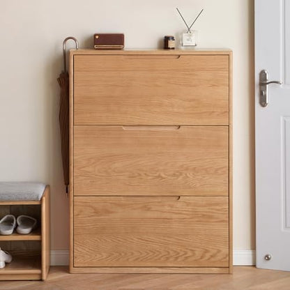 Fully-Assembled Oak Shoe Cabinet with 3 Flip Drawers, Solid Wood Shoe Storage Cabinet, Narrow Shoe Organizer for Entryway, 7.9" x 33.5" x 45.7", Oak Wood, Natural - color: Natural