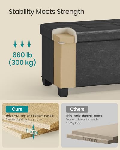 SONGMICS Storage Ottoman Bench with Legs, Folding Ottoman Foot Rest with Flipping Lid, Bench with Storage, for Living Room, Bedroom, Entryway, Synthetic Leather, 43.3 Inches, Ink Black ULSF085BH01 - color: Black, style: with Flipping Lid
