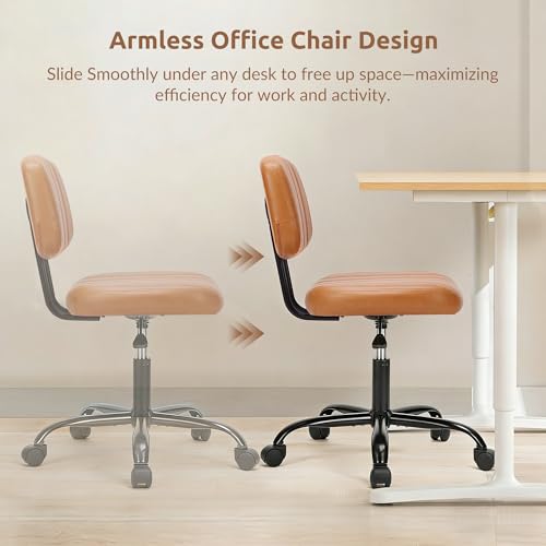 Swivel Rolling Office Chair, Armless Pu Leather Vanity Chair with Back Lumbar Support Height Adjustable Computer Chair, Small Desk Chair for Home Office, Brown - color: Brown