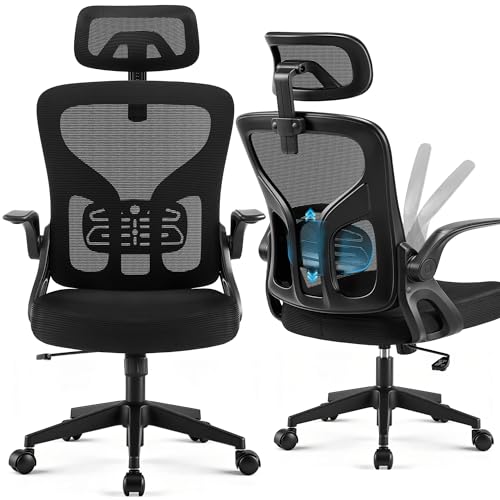 Office Chair Ergonomic Desk Chair with Adjustable Headrest Lumbar Support, High Back Breathable Mesh Chair with 120° Tilt & Flip-Up Armrests, Swivel Comfy Task Computer Chair for Work, Study - color: Black
