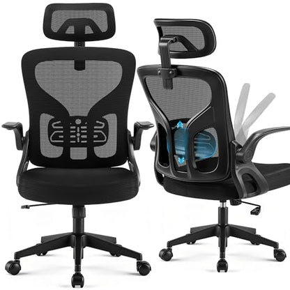 Office Chair Ergonomic Desk Chair with Adjustable Headrest Lumbar Support, High Back Breathable Mesh Chair with 120° Tilt & Flip-Up Armrests, Swivel Comfy Task Computer Chair for Work, Study - color: Black