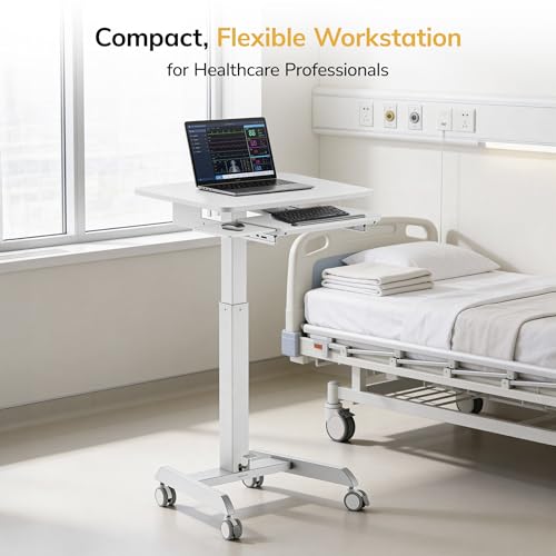 Mount-It! Height Adjustable Rolling Laptop Desk with Keyboard Tray, Mobile Sit-Stand Computer Cart with Wheels, Small Standing Desk for Home, Office, or Classroom, 23.6" x 20.5", White - color: White