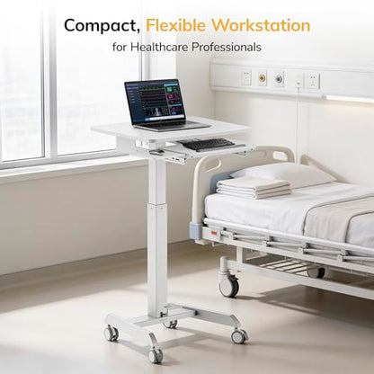 Mount-It! Height Adjustable Rolling Laptop Desk with Keyboard Tray, Mobile Sit-Stand Computer Cart with Wheels, Small Standing Desk for Home, Office, or Classroom, 23.6" x 20.5", White - color: White
