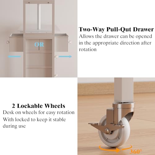 L-Shaped Manicure Table with Power Outlets,Nail Desk for Nail tech | Rotating Nail Workstation on Wheels with Charging Station,Nail Table with drawers & shelves for Home,Makeup Beauty Salon - color: White