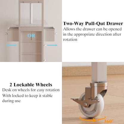 L-Shaped Manicure Table with Power Outlets,Nail Desk for Nail tech | Rotating Nail Workstation on Wheels with Charging Station,Nail Table with drawers & shelves for Home,Makeup Beauty Salon - color: White