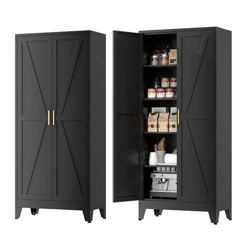 Farmhouse Pantry Cabinet with Barn Doors, 71" H x 31.5" W, 5-Tier Metal Storage Cabinet with 4 Adjustable Shelves for Kitchen Garage Dining Room, Black 1 Pack - color: Black, size: 15.8"D x 31.5"W x 71"H-1