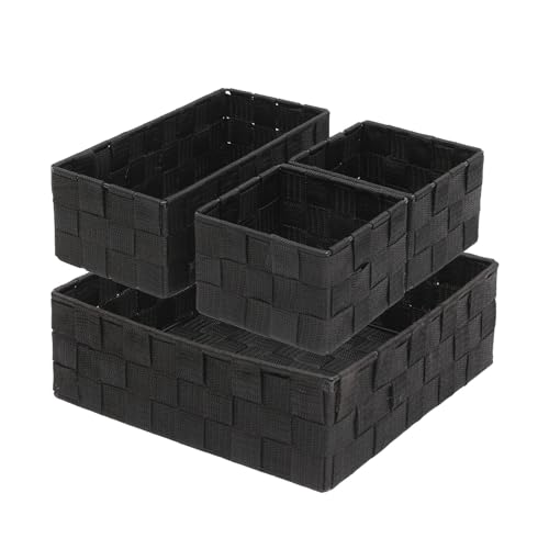 Stackable Woven Storage Baskets with Metal Frame, Set of 4,Black | polypropylene organizer bins in assorted sizes for drawers, closet, shelf, nursery and office storage - color: Black, size: 4PCS-without lid