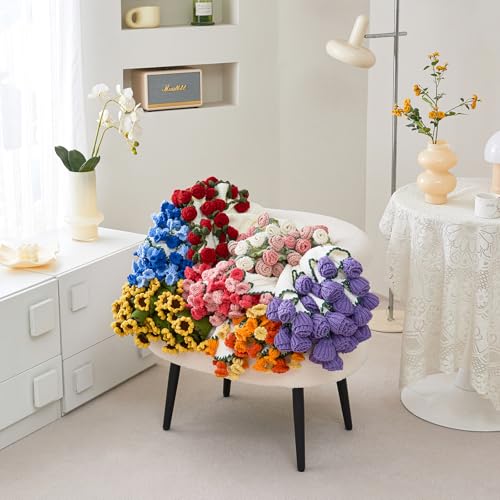 Crochet Flower Bouquet Throw Blanket, Handmade Knitted Blanket with Rose Flowers, Cute Romantic Gift for Her Girlfriend Mom Mother’s Day Valentine Wedding Anniversary Birthday, Pink and White - color: Rose Pink, size: 40 Inches