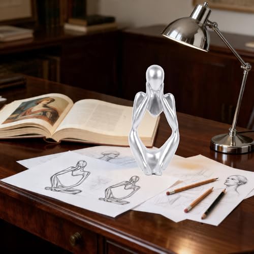 Silver Resin Thinker Statue, Abstract Style Sculpture Figurines for Home Office Bookshelf Desktop Decor, Modern Art Collectible & Great Gifts Ideas - color: Silver