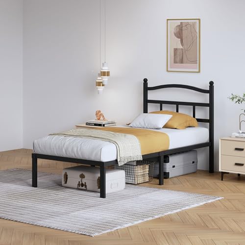SHOANED 14 Inch Metal Bed Frame - Twin Size Heavy Duty Bedframe with Headboard Black Basic Steel Slats Platform No Box Spring Needed/Easy Assembly/Noise Free - size: Twin, style: 14 Inch with Headboard