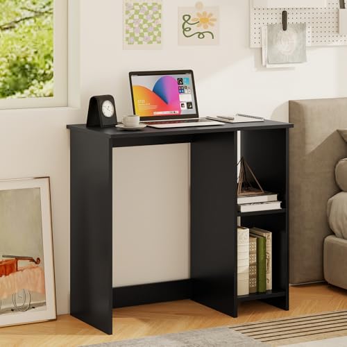 Tangkula Small Desk with Shelves, Compact Desk for Small Space, Study Writing Table with 2 Tier Shelves, Modern Simple Style Laptop PC Table (Black) - color: Black