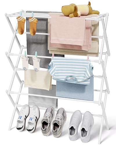 Sakugi Foldable 3-Tier Clothes Drying Rack 37.4" H with Non-Slip Feet | Indoor & Outdoor Use, Space Saving, Metal Frame, 11.4" D x 29.1" W, White - color: White, size: 3 Tier Standard