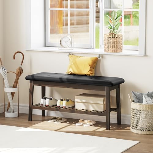 HOOBRO Dining Bench, Bamboo Dining Room Bench, 2-Tier Entryway Bench with PU Leather Upholstered Seat, Kitchen Bench for Living Room, Hallway, Entryway, Bedroom, Kitchen, Brown and Black CB70HX01