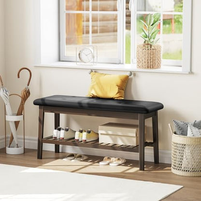HOOBRO Dining Bench, Bamboo Dining Room Bench, 2-Tier Entryway Bench with PU Leather Upholstered Seat, Kitchen Bench for Living Room, Hallway, Entryway, Bedroom, Kitchen, Brown and Black CB70HX01