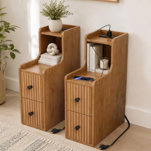 Narrow Nightstand Set of 2 with Charging Station for Small Bedroom | Open Shelf and 2 Drawers, For Small Space, Living Room, Bedroom or Sofa Side Use, Wood Grain Look, Raised Tray Top