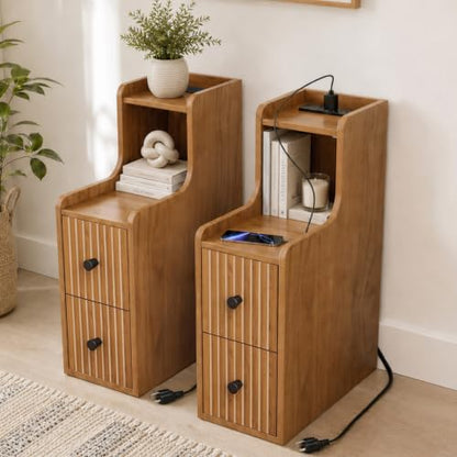 Narrow Nightstand Set of 2 with Charging Station for Small Bedroom | Open Shelf and 2 Drawers, For Small Space, Living Room, Bedroom or Sofa Side Use, Wood Grain Look, Raised Tray Top