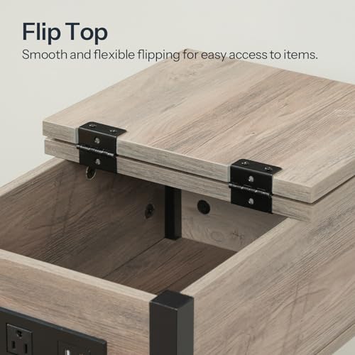 HOOBRO End Table with Charging Station, Flip Top Side Table with USB Ports, Narrow Nightstand Bedside Tables with Storage Shelves, for Small Space, Living Room,Greige and Black BG141UBZ01 - color: Greige + Black
