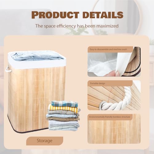 21 Gallon Bamboo Slim Trash Can with Lid,Slim Laundry Hamper,Removable and Machine Washable Liner,Foldable Slim Rectangular Laundry Basket for Laundry Room,Bedroom,Salon Spa