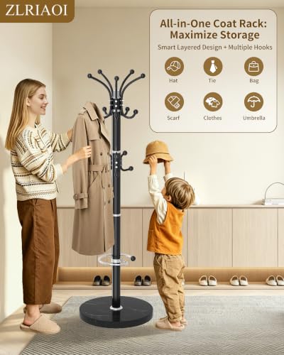 Metal Coat Rack, Modern Coat Rack Stand, 360°Rotary Coat Tree Stand | Heavy Duty Coat Rack Freestanding with Natural Marble Base, Black Clothes Tree Hanger Stand with 14 Hooks & Umbrella Holder - color: Black-16Hooks