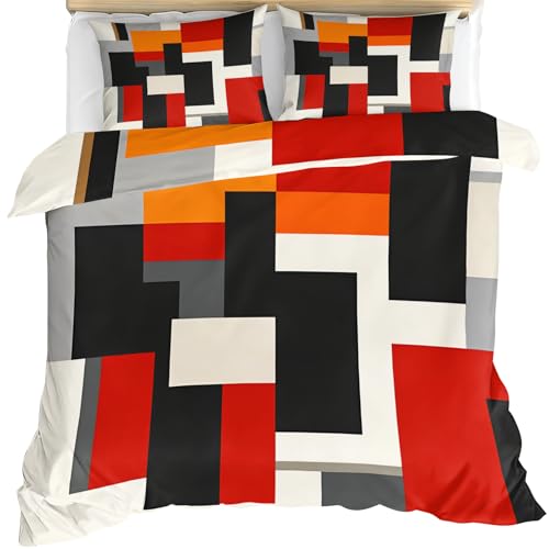 Geometric Comforter Cover, Black and Orange Blocks Duvet Cover Set, Mid-Century Modern Bedding & Home Decor, Zipper & Ties, Reversible Print Comforter Set & 2 Pillow Cases, California King - color: Black and Orange Blocks, size: California King (98 x 104