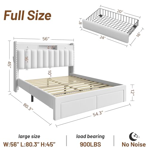 CypBed Full Size Bed Frame with Headboard & 2 Storage Drawers & White | Velvet Upholstered Platform Bed Frame with 3 USB & Type-C Charging Ports, Solid Wood Slats, No Box Spring Needed, No-Noise - color: White, size: Full
