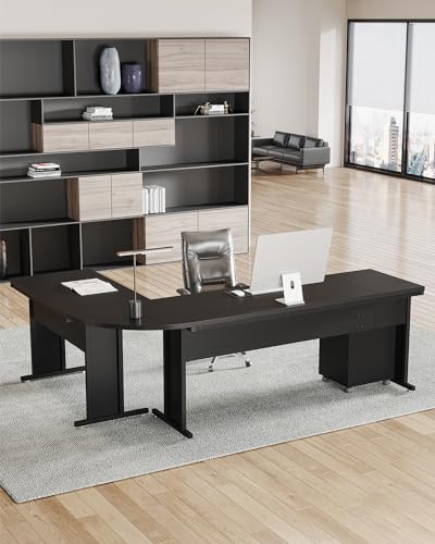 LITTLE TREE 82.67" Long Executive Desk Large L-Shaped Computer Office Desk with 3-Drawer Mobile File Cabinet, Industrial Business Furniture Desk Workstation for Home Office, Black - color: Black