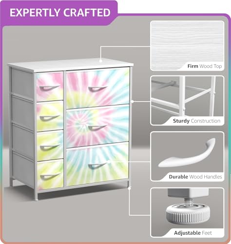 Sorbus Dresser with 7 Drawers - Furniture Storage Chest for Kid’s, Teens, Bedroom, Nursery, Playroom, Clothes, Toys - Steel Frame, Wood Top, Tie-dye Fabric Bins (7-Drawer, Tie-Dye) - color: Light Tie-dye